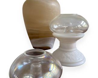 A Group of Three Art Deco Marbled Glass Vase and Iridescent Glass Lamp Components, circa 1930s