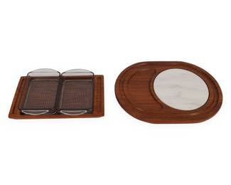 A Dansk Teak and Marble Charcuterie Board and a Teak and Glass Serving Tray