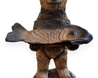 A Black Forest Style Cast Resin Bear Figural Sculpture Holding a Fish Dish