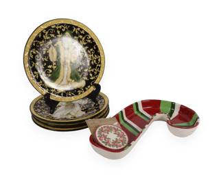 A Collection of Certified International Victorian Santa Dinner Plates by Betty Whiteaker, with a Ceramic Candy Cane Dish and Hallmark Coasters