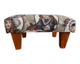 Vintage Tapestry Upholstered Footstool with Stylized Doll Figures