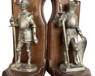 A Pair of Medieval-Inspired Cast Metal and Wood Knight Bookends, Gothic Revival Style