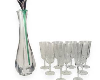 A Modernist Faceted Crystal Vase with a Set of Ten Etched Crystal Flutes