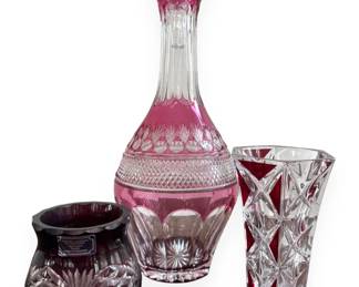 Three Godinger Cranberry Cut to Clear Crystal Vessels