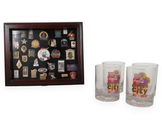 A Collection of 1996 Atlanta Centennial Olympic Games Memorabilia, including a Framed Pin Display and Four Coca-Cola Tumblers