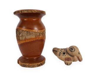 A Hand-Turned Live Edge Wood Vessel and a Ceramic Zoomorphic Whistle