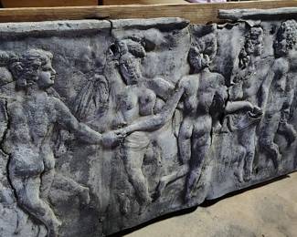 Zincluminum sarcophagus scene (decorative dancing greeks late 19th century). Over 8ft long and very heavy.