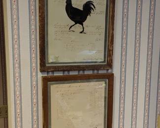 2 original art pieces of barnyard animals printed over antique farm ledger papers. Both are done by Alison Busby Shriver