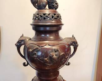 Monumental antique chinese bronze foo dog incense urn
