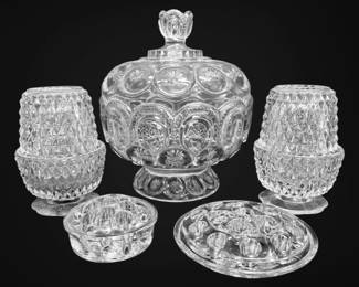 L.E. Smith Moon Stars Candy Dish, Indiana Glass Fairy Lamps, Flower Frogs