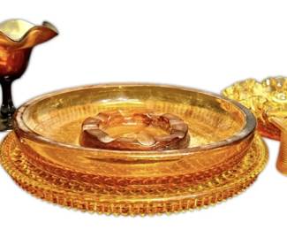 Amber Glass Ashtray, Fenton Ruffled Thumbprint Bowl, More