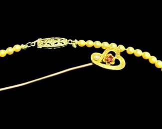 10k Gold Pin And Faux Pearl Necklace With 14k Clasp