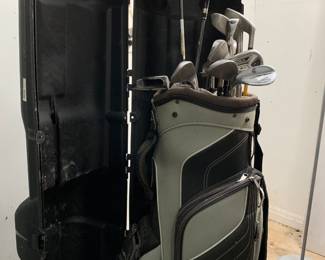 Golf clubs and storage cart