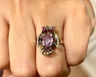 Vintage Sterling Silver Owl ring, amethyst