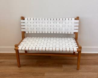 $570      Full Grain Leather Upholstery Woven On A Teak Wood Frame.  54"W x 19"D x 33"H