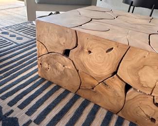 $400     "Outdoor Teak Root Table
Laminated Teak Root
Reflective or natural materials, tables will vary from piece to piece
30"" sq x 15""H"		