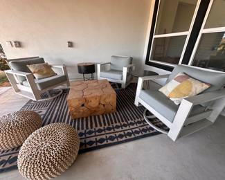 $800 each    "Swivel Rocker Outdoor Chairs (Ratana) 
32.5""W x 32""H x 33""H
Seat H: 17.5"" w/cushion
Arm H: 25""
Frame - Whitewash – Aluminum
Fabric - Cast Mist"	