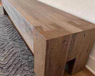 $860  Thick-Cut Oak Bench
Parsons lines, chunky squared legs and dovetail joinery detailing. 90"W x 19"D x 19"H