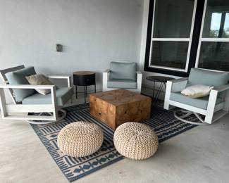 $800 each     "Swivel Rocker Outdoor Chairs (Ratana) 
32.5""W x 32""H x 33""H
Seat H: 17.5"" w/cushion
Arm H: 25""
Frame - Whitewash – Aluminum
Fabric - Cast Mist"	