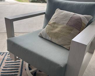 $800 each     "Swivel Rocker Outdoor Chairs (Ratana) 
32.5""W x 32""H x 33""H
Seat H: 17.5"" w/cushion
Arm H: 25""
Frame - Whitewash – Aluminum
Fabric - Cast Mist"	