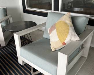$800 each     "Swivel Rocker Outdoor Chairs (Ratana) 
32.5""W x 32""H x 33""H
Seat H: 17.5"" w/cushion
Arm H: 25""
Frame - Whitewash – Aluminum
Fabric - Cast Mist"	