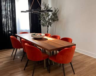 $1480      "Walnut Dining Table with Bronze Base
Room: Dining Room
Walnut table top with Antique bronze linear base.
96""W x 38""D x 30""H"		