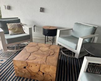 $400     "Outdoor Teak Root Table
Laminated Teak Root
Reflective or natural materials, tables will vary from piece to piece
30"" sq x 15""H"		