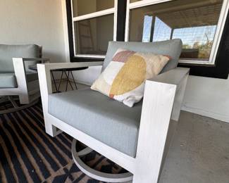 $800 each     "Swivel Rocker Outdoor Chairs (Ratana) 
32.5""W x 32""H x 33""H
Seat H: 17.5"" w/cushion
Arm H: 25""
Frame - Whitewash – Aluminum
Fabric - Cast Mist"	