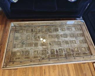 016	Antique Carved Door-Top Coffee Table with Glass Cover	63"x36"x18"