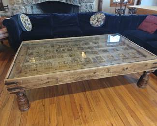 016	Antique Carved Door-Top Coffee Table with Glass Cover	63"x36"x18"