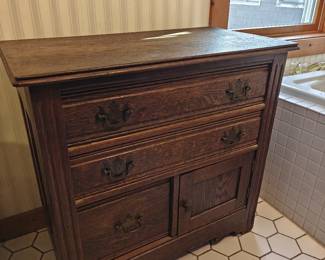 020	Antique Oak Washstand Cabinet with Three Drawers & Side Door	30.5"x16.5"x29.5"