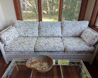 011	Vintage Wicker Sunroom Sofa with Floral Upholstery (can be bid as a set with 012)	84"x36"x28"
