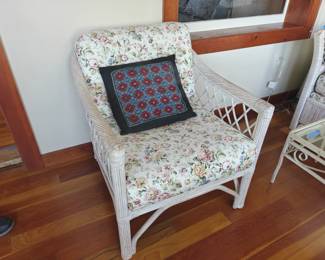 012	Vintage Wicker Sunroom Chairs with Floral Upholstery (can be bid as a set with 011)	26"x28"x28"