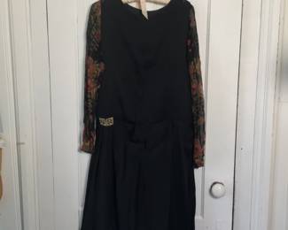 Vintage 1920s silk dress with self belt and polychrome metallic gold threaded sleeves