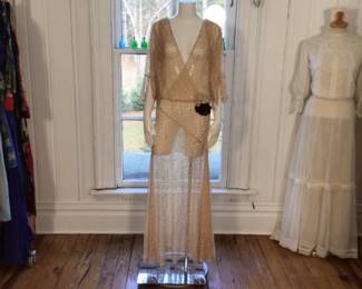 Vintage 1930s gold net dress with velvet flowers and shrug with split flutter sleeves.