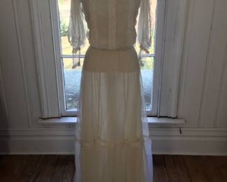 Antique 1901 Trained  four piece wedding ensemble.  Includes gold silk lined bodice with net and insertion lace, gold silk underdress, and wide gold silk belt.