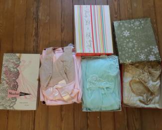 Vintage 1960s lingerie sets - nightgown and robe - in boxes, plus a pair of very large 1920s silk tap panties