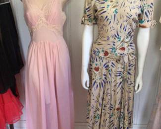 pink 1950s nightgown and 1940s abstract print dress