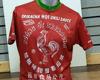 Sriracha Hot Chili Sauce Cycling Jersey On Masculine Mannequin Bust 