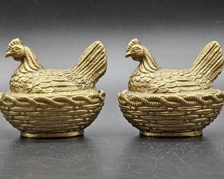 Pair Gilt Brass Over Cast Hen on Nest Bowls