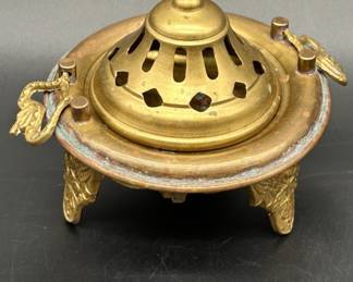 Vtg. Footed Brass Censor w/ Pierced Lid & Stir
