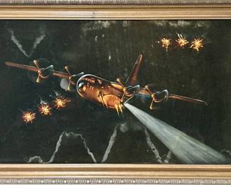 Airplane Velvet Oil Painting on Board, Framed