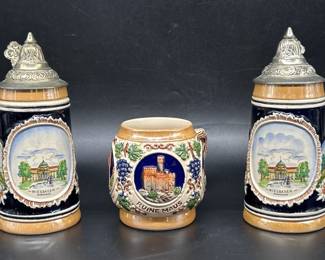 Vtg. 2-German Beer Steins w/ Pewter Lid + 1-Stein