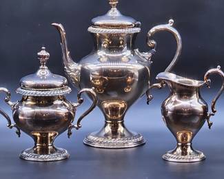 (3) Vtg. Silver Plate Coffee Pot, Creamer, Sugar
