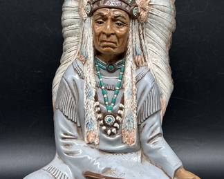 Seated Native American Chief w/ Peace Pipe Statue