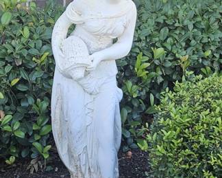 Alabaster-Color Garden Sculpture of Lady w/ Pot