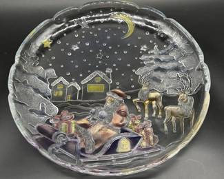 Christmas Glass Platter w/ Santa & His Sleigh
