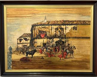 Corrida de Torros/Bullfighting Signed Oil on Board