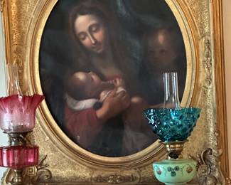 Antique mother and child original painting in gold gilt frame