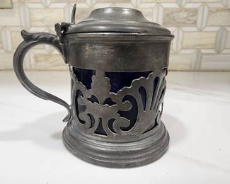 ANTIQUE PEWTER AND COBALT GLASS JELLYJAR
